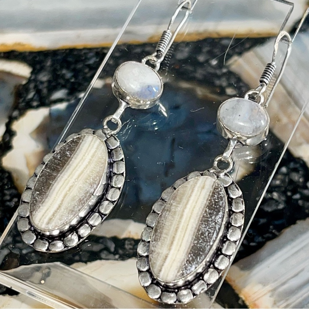 Phantom Zebra Calcite & Rainbow Moonstone Earrings 2 1/2”